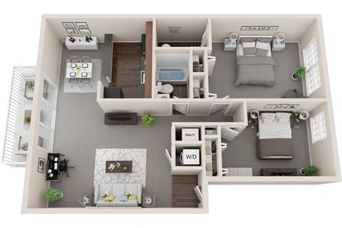 Floor plan for 2 beds, 1.5 baths, 962 sqft